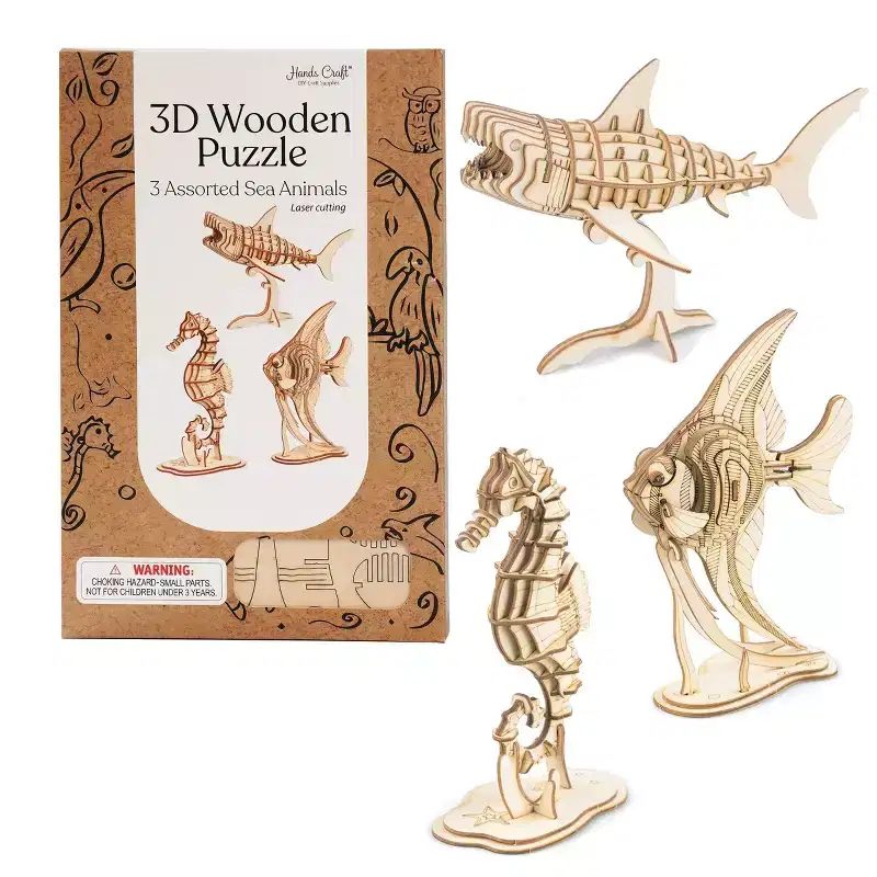 3ct Modern Wooden Puzzle Sea Animals Set - Hands Craft: Wooden Craft Kits for Ages 12+, Includes Instructions