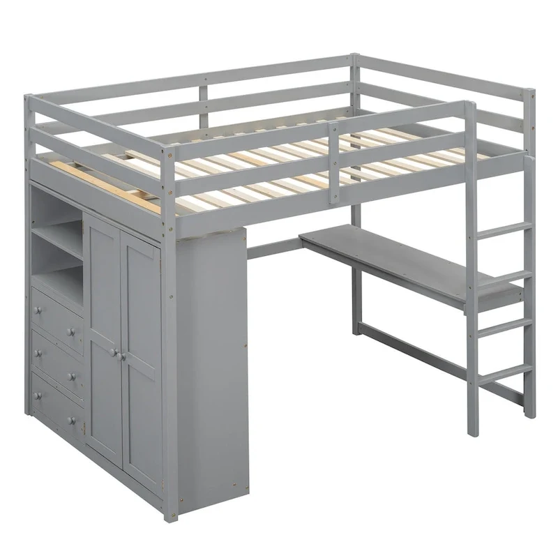 Gray Full Size Solid Wood Loft Bed with Built-in Wardrobe, Desk and Shelves
