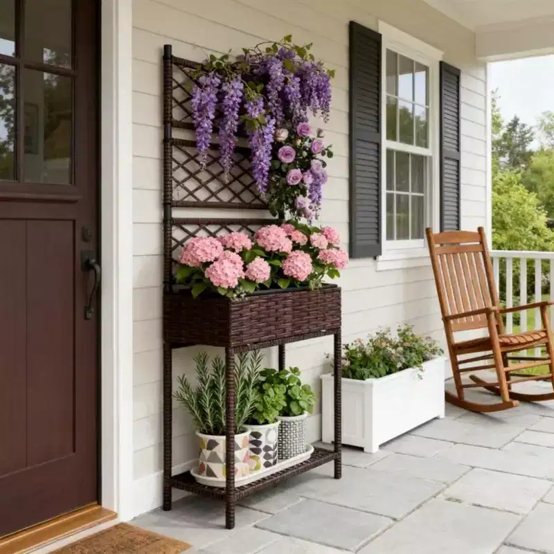NAYSAYE Freestanding Rattan Garden Box Wicker Planter with Trellis and Storage Shelf for Vegetables Flowers and Climbing Plants, Brown,