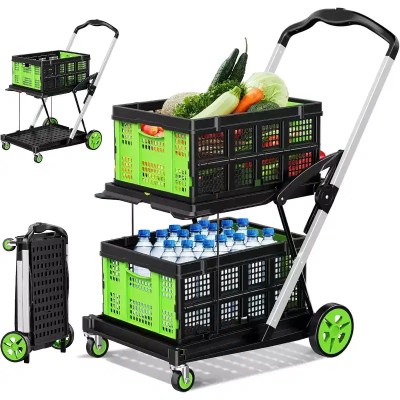 BSMTEK Double Basket Collapsible Shopping Cart with Wheels Green