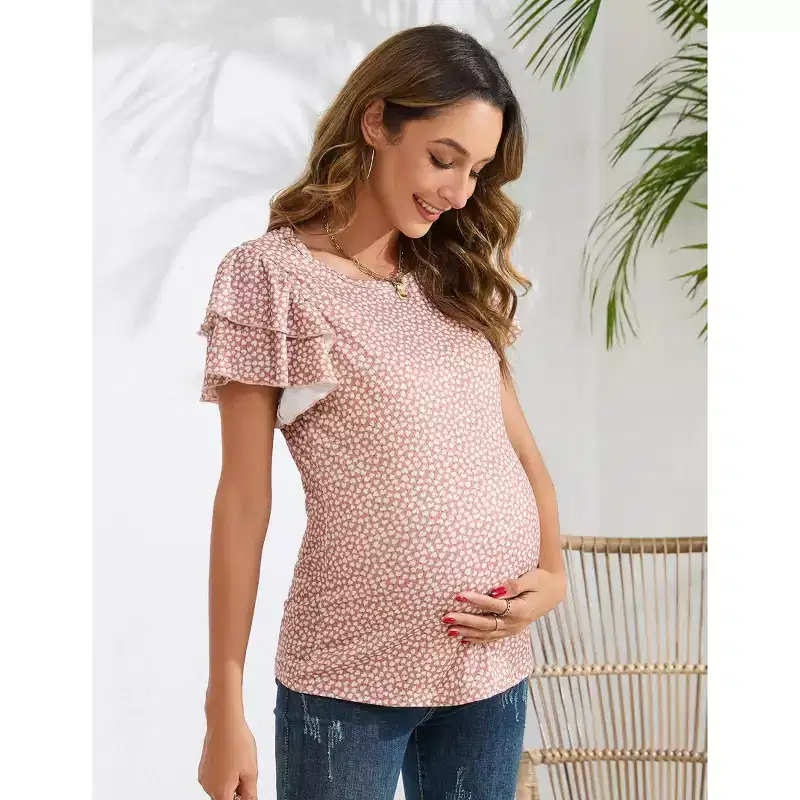 Coolmee Women's Maternity Shirts Nursing Tops Flying Short Sleeve Breastfeeding Tees Lightweight Side Ruched Pregnancy Clothes L Pink Printing