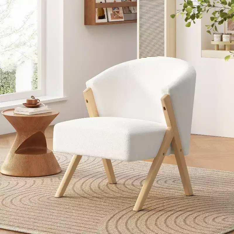 Modern Accent Chair with White Upholstery and Solid Wood Frame, Minimalist Design, for Living Room or Office