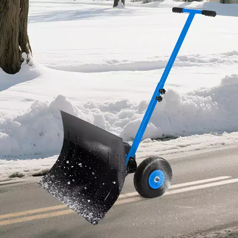 Snow Shovel with Wheels,29.1 W x 16.5 H Heavy Duty Snow Pusher for Driveway with Snow Removal Adjustable Angle & Height Handle for Driveway