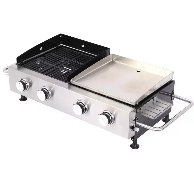 Okak Gas Grill with 2-IN-1 Design, Outdoor Grill with Botton Shelf and Side Handles, Barbecue Grill for Outdoor Cooking, Picnics, Black+Silver