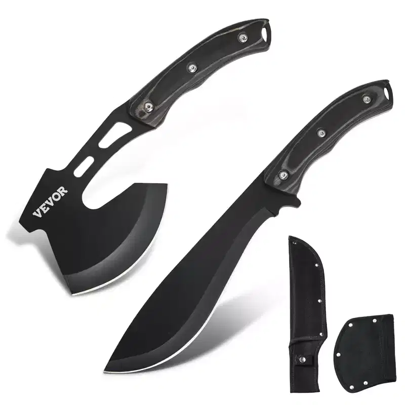 VEVOR Hunting Knife and Hatchet Axe Combo Set with Sheath, Fixed Blade Tactical Knife and Camping Axe, Stainless Steel Knife and Camping Hatchet,Black