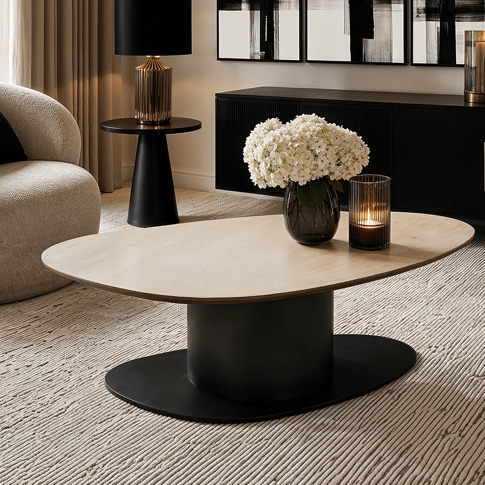 Black Oval Coffee Table with Travertine Top