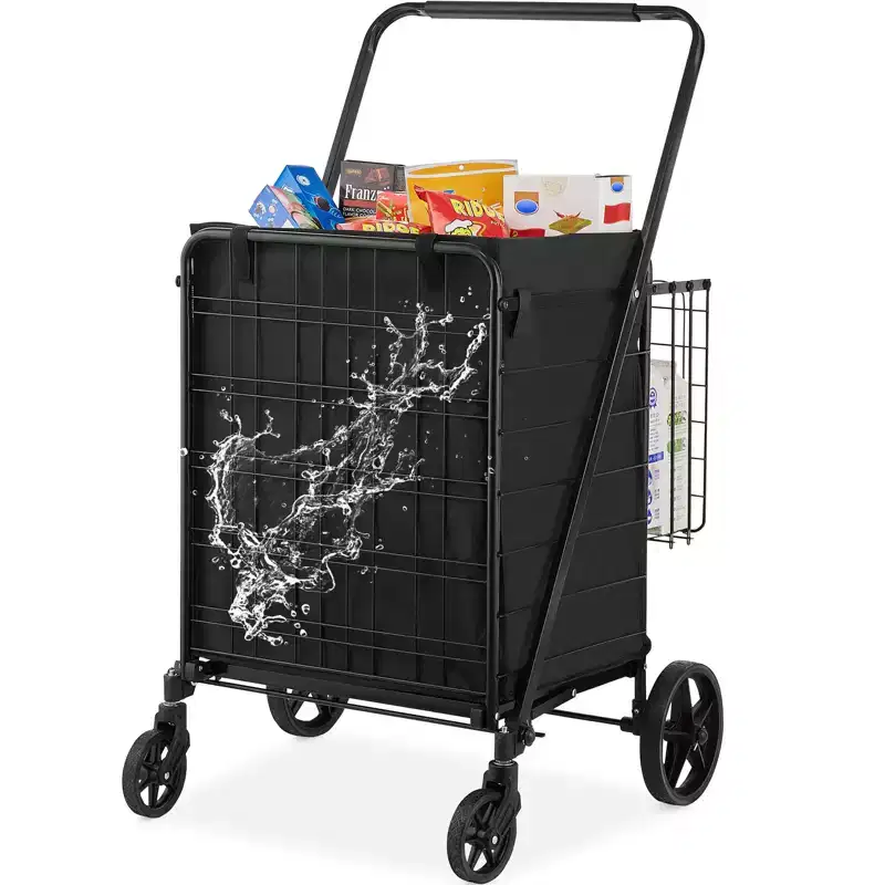 Folding Shopping Cart with Waterproof Liner Dual Baskets and 360 Swivel Wheels 210 lb Capacity