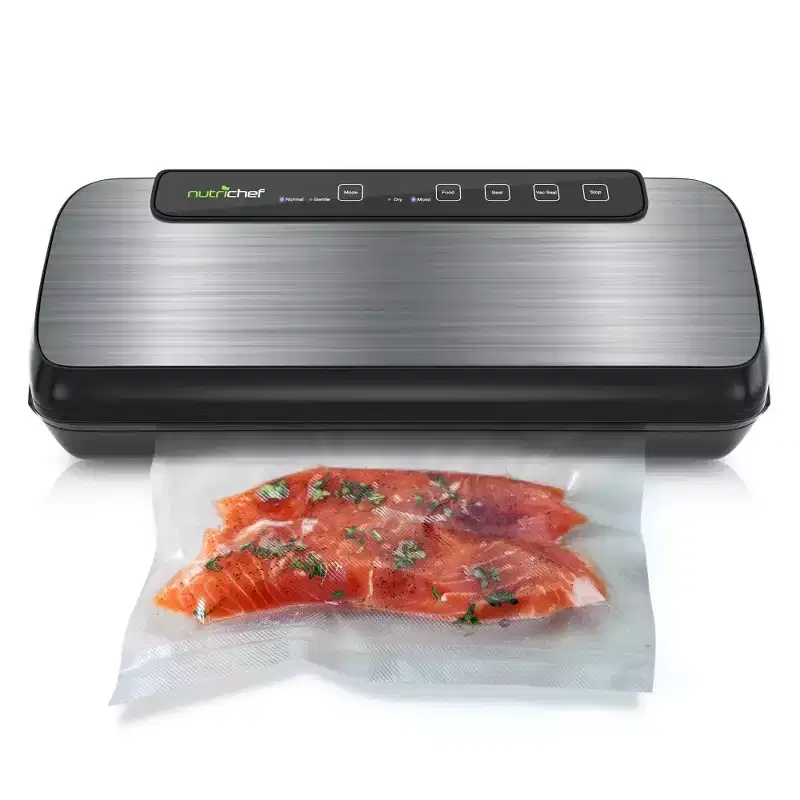 NutriChef Automatic Vacuum Sealer System with Stainless Steel Housing (PKVS20STS) - Includes Vacuum Bags & Wine Stopper