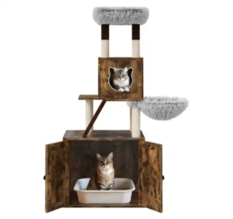 Cat Litter Box Enclosure with Cat Tree (PB Board + Plush)