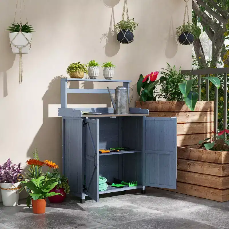 Whisen Patio Wooden Potting Bench, Outdoor Garden Work Station Table with Storage Cabinet, 2 Shelves & Galvanized Plated Tabletop