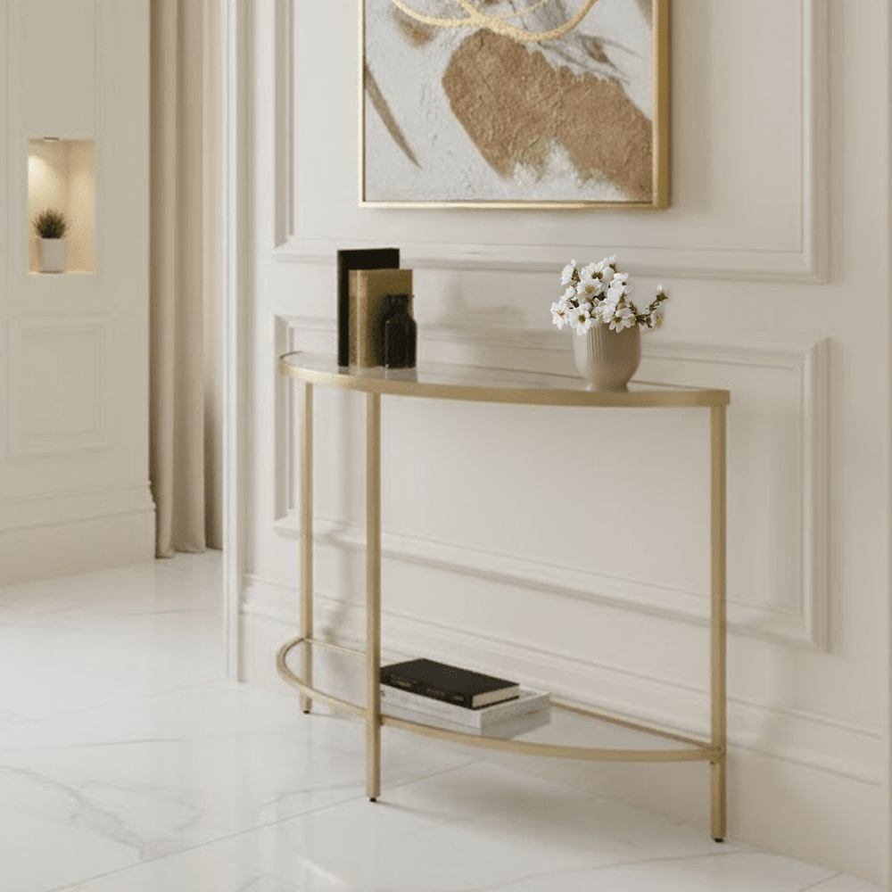 Champagne Metal Console Table with Glass Shelves