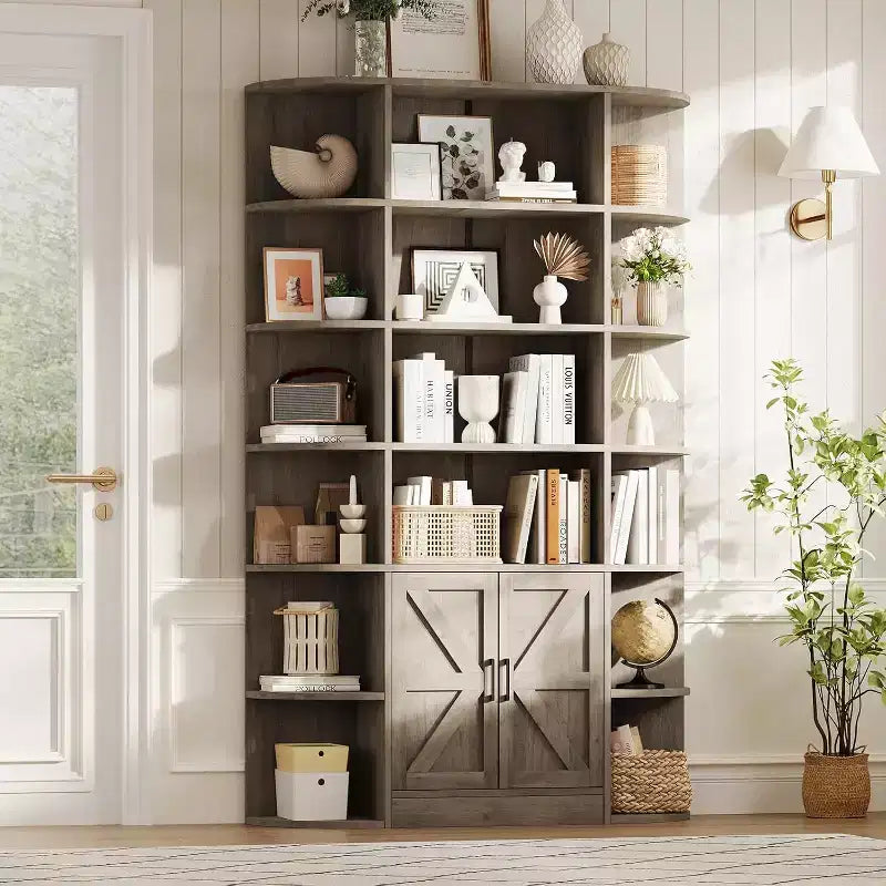Modern 75 Tall 6-Tier Kids' Bookshelf with Cabinet & Doors - Wooden Storage Organizer & Display for Bedroom, Living Room & Home Office.