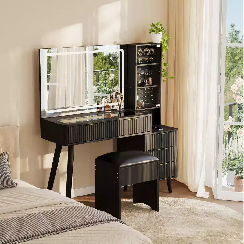 48" Fluted Makeup Vanity Desk with Mirror & LED Lights, Charging Station, Cushioned Storage Stool for Bedroom
