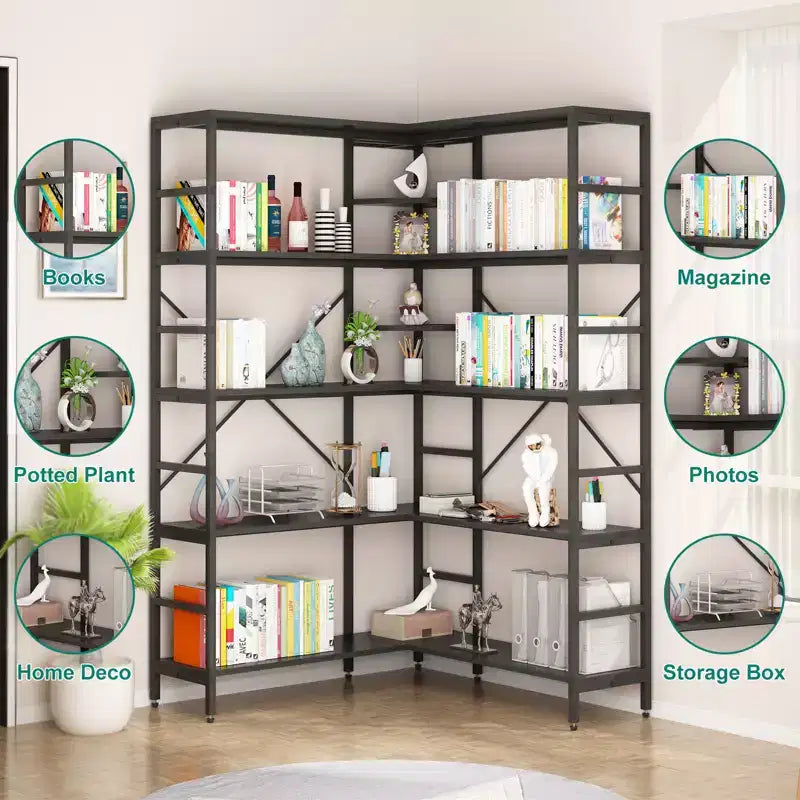5 Tier Corner Bookshelf, L Shape Tall Bookcase, Industrial Bookshelves, Metal Frame for Bedroom, Living Room, Home, Office