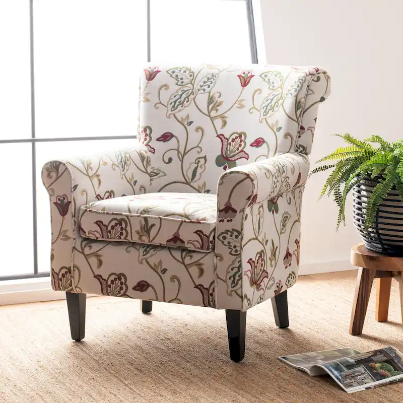 Floral Roll Arm Club Chair &ndash; Cotton-Linen Blend, Espresso Legs, 30"W x 33"D x 35"H