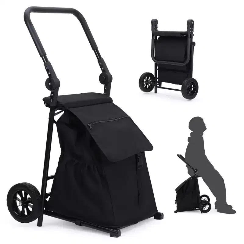 2 In 1 Foldable Grocery Cart, Heavy Duty Collapsible Shopping Cart with Seat, Adjustable Non Slip Handle, Folding Hand Truck Utility Cart, Black