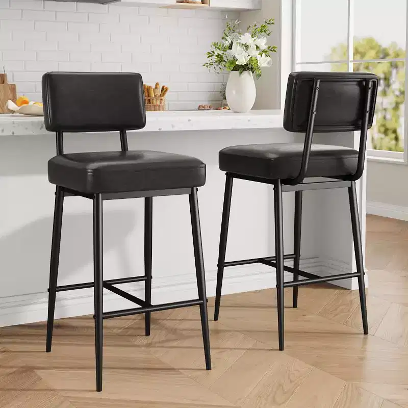 Counter Height Bar Stools Set of 2, Faux Leather Kitchen Counter Stools with Footrest & Metal Legs, Upholstered Bar Chairs for Kitchen Island