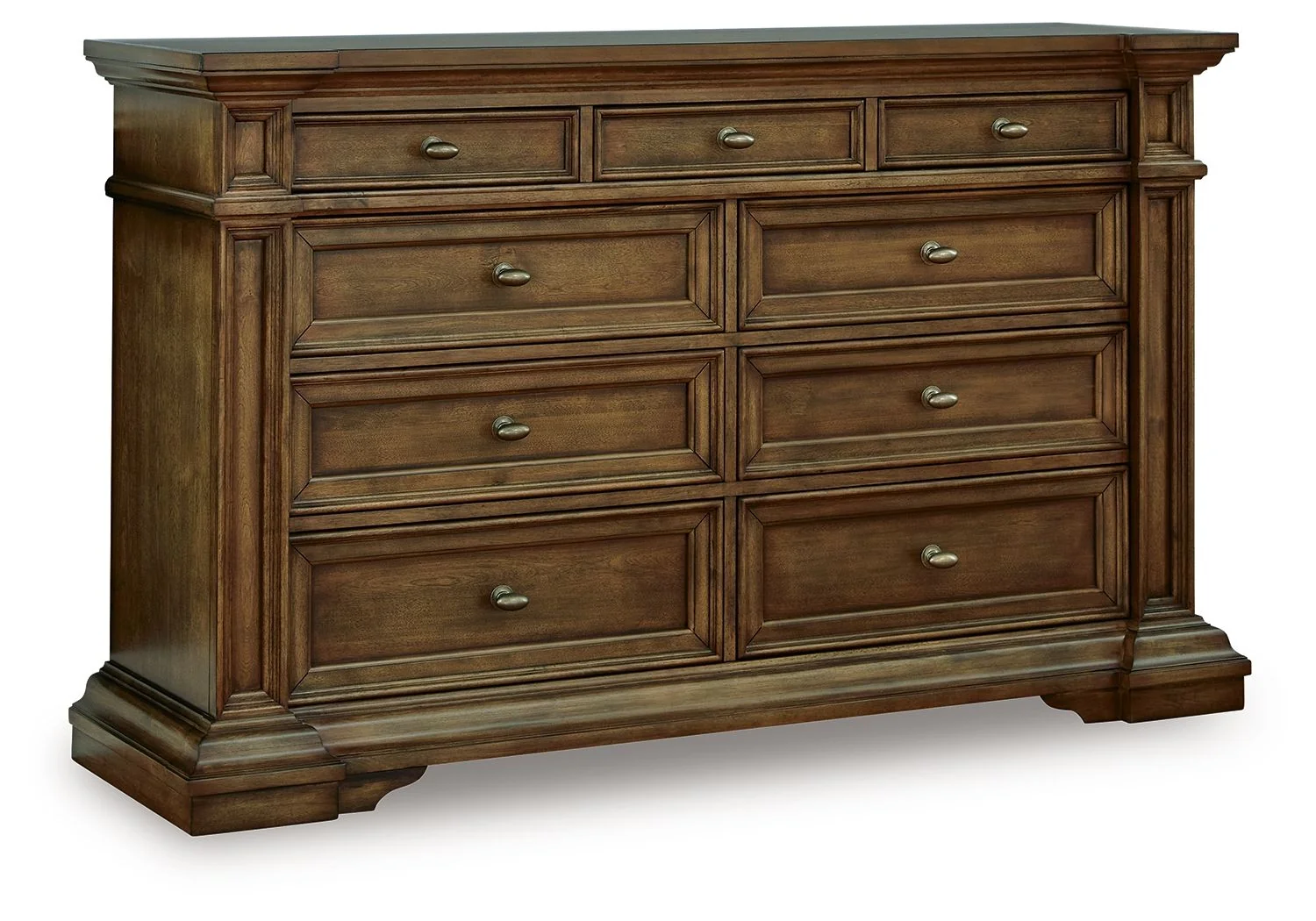 Dresser &mdash; Substantially-scaled moulding details and antiqued brass-tone knobs round out the piece in graceful fashion