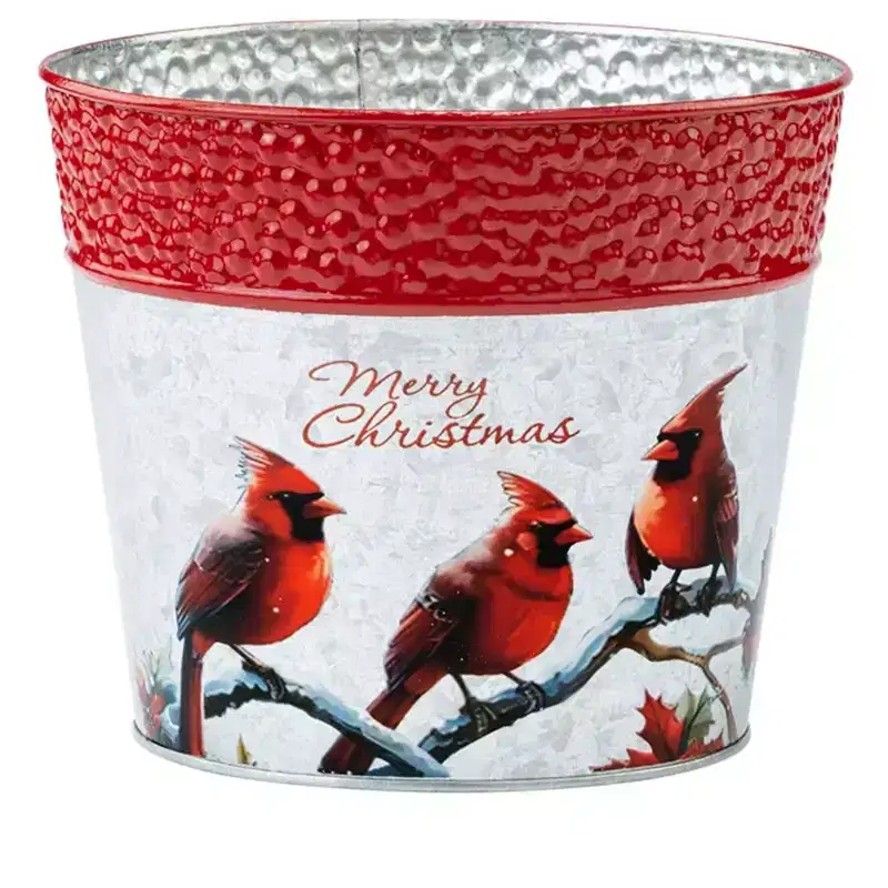 Napco Merry Christmas Cardinals Metal Pot Cover - Festive Red Bird & Winter Branch Holiday Planter 6 Inch Tall Galvanized Tin Bucket Planter for