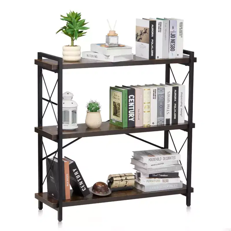 Metal Bookshelf 3-Tier Industrial Open Shelf Bookcase with Heavy Duty Frame 75 lbs Per Shelf Rustic Storage Display for Living Room Home Office
