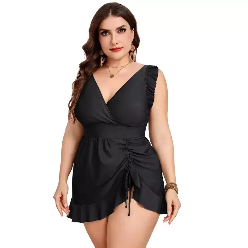 Plus Size V-Neck Ruffle Trim Drawstring Ruched One Piece Swim Dress