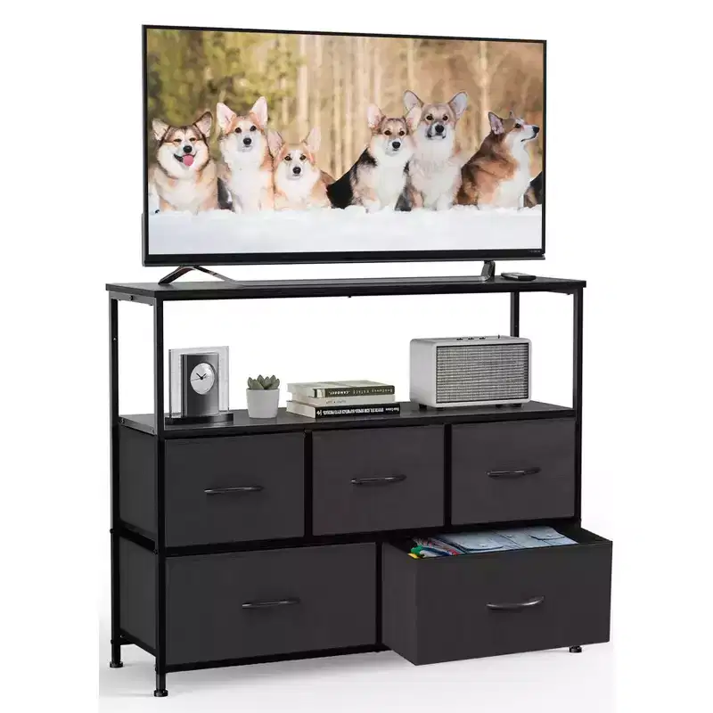 TUYOHW 5 Drawers Dresser with Wood Top & Open Shelf,Fabric Storage Tower with Metal Frame,Chest of Drawers for TV Stand,Bedroom,Entryway,Clothes