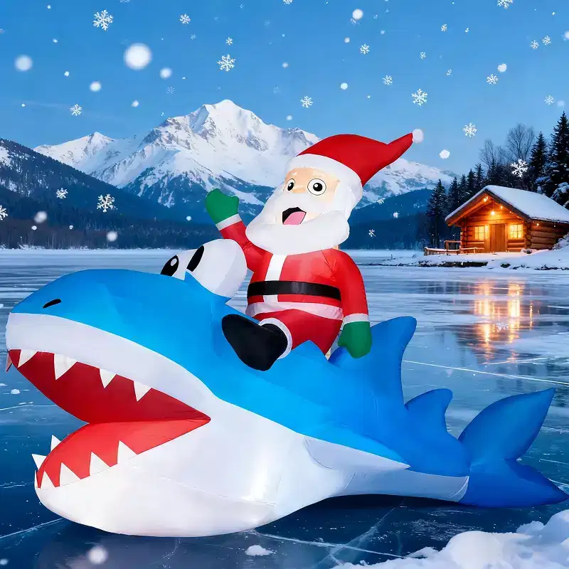 Joyfy 8 FT Long Christmas Inflatables Outdoor Decorations, Blow Ups Santa Riding on Shark with Built-in LEDs for Xmas Party Yard Garden Decoration