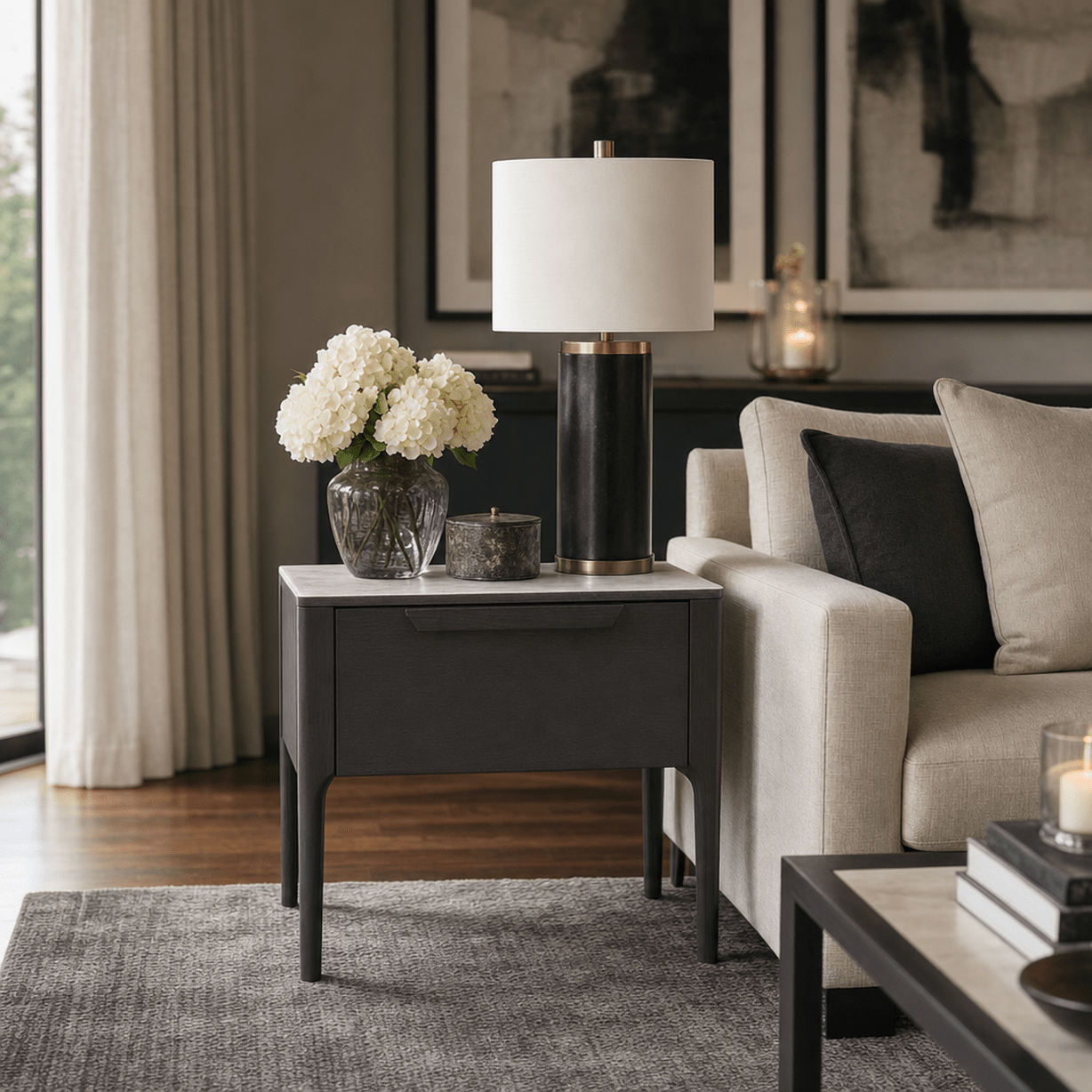 Dark Grey Oak Veneer 1 Drawer Bedside Table with Faux Marble Top