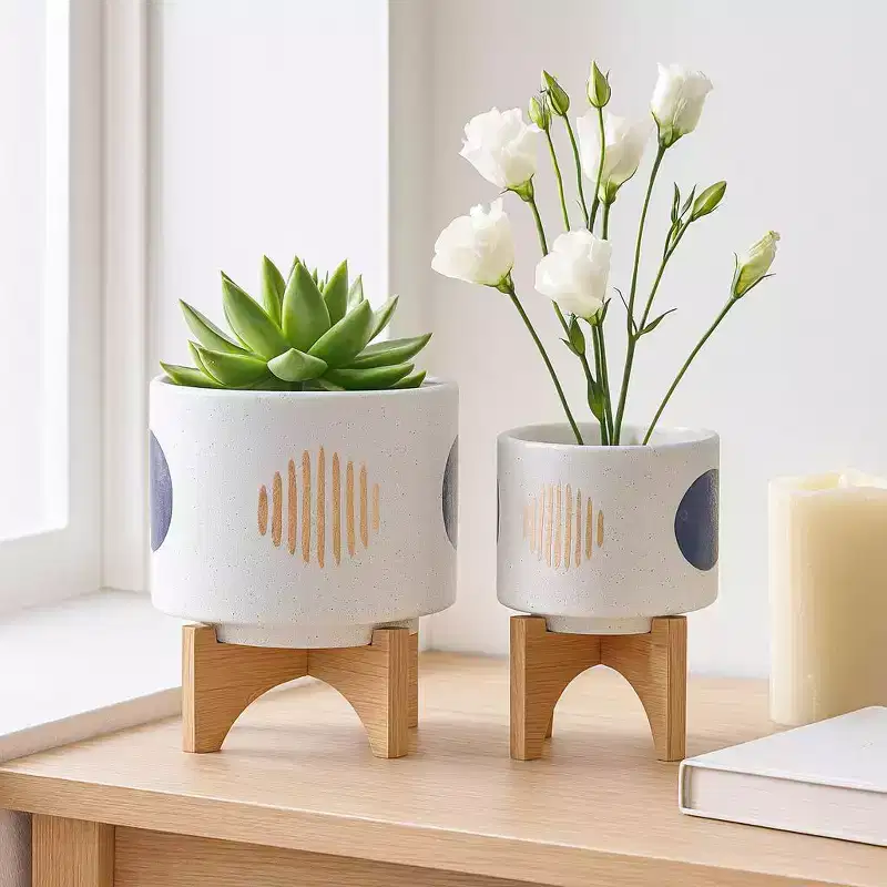 Funky Shapes Ceramic Planters with Wooden Stand for Home Decor - Raised Flower Pots fo Indoor and Outdoor Plants - Set of 2, 11, 7, White & Tan