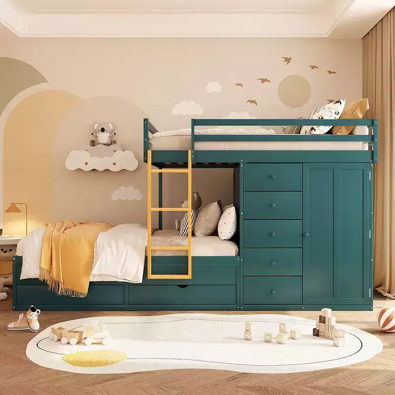Full over Full Bunk Bed with Storage Wardrobe and Drawers, Full Size Wood Space-Saving Bunk Bed with Guardrail for Apartment, Bedroom