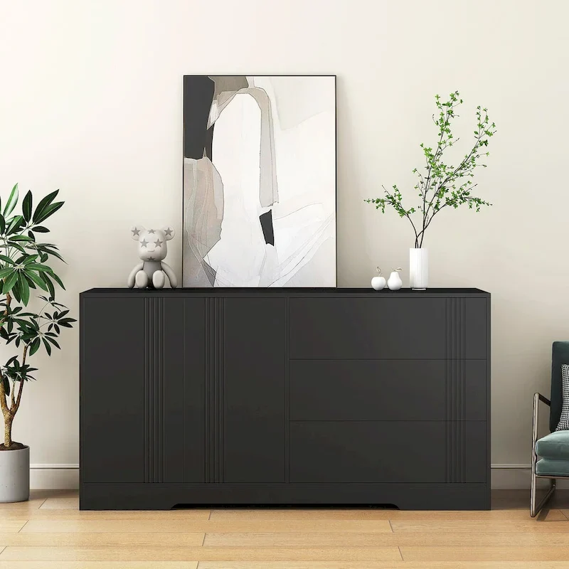 Sideboard Buffet Cabinet with 3 Drawers and 2 Door Cabinets, Black
