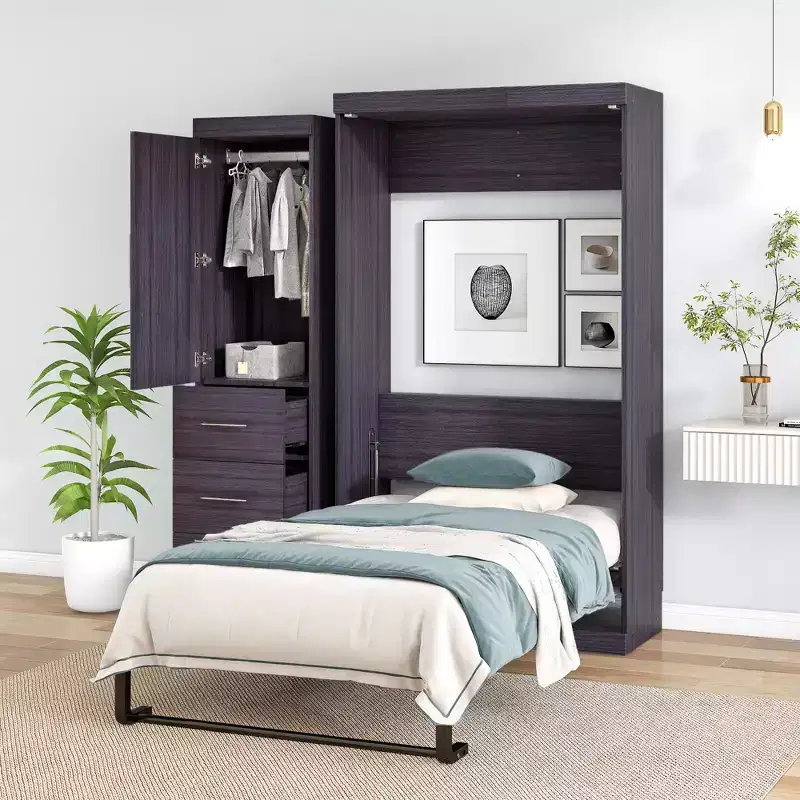 Murphy Bed with Wardrobe and 3 Drawers &ndash; Foldable Wall Bed Frame