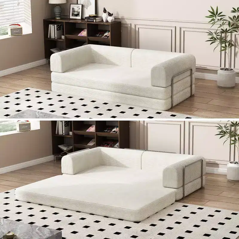 Convertible Sleeper Sofa Bed, 78" Corduroy Loveseat Floor Sofa, Folding Mattress