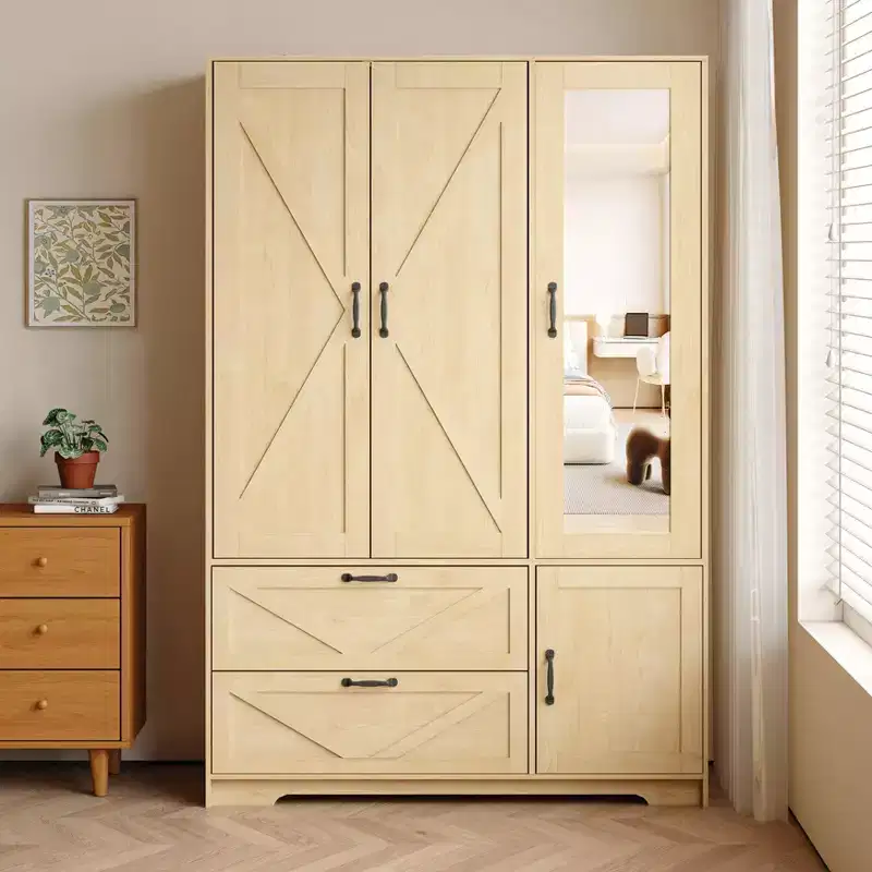 JVNOXK Four-door wardrobe with mirror, doors, and two drawers; wooden storage cabinet with hanging rod and adjustable shelves; natural