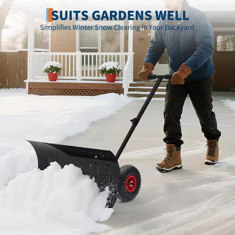 Snow Shovel with Wheels for Driveway, Heavy Duty Push Snow Plow Shovel with Large 29 in x 16.5 in Adjustable Handle, Angled Blade, Efficient Snow