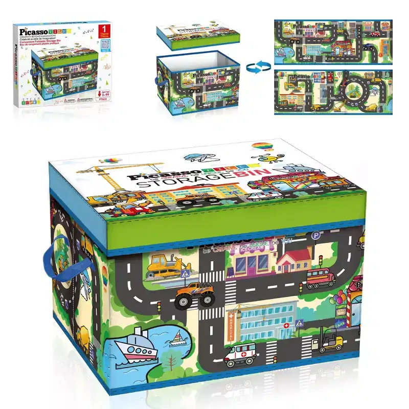 PICASSO-TILES Magnetic Tile Toy Organizer  Foldable City Theme Storage Bin with Lid & Handles, STEM Building Blocks Toy for Kids