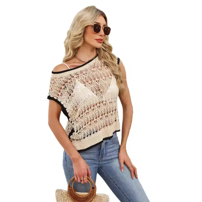 Coolmee Women's Crochet Cover Up Tops Summer Short Sleeve Off Shoulder Sweater Shirts Beach Swimsuit Coverup