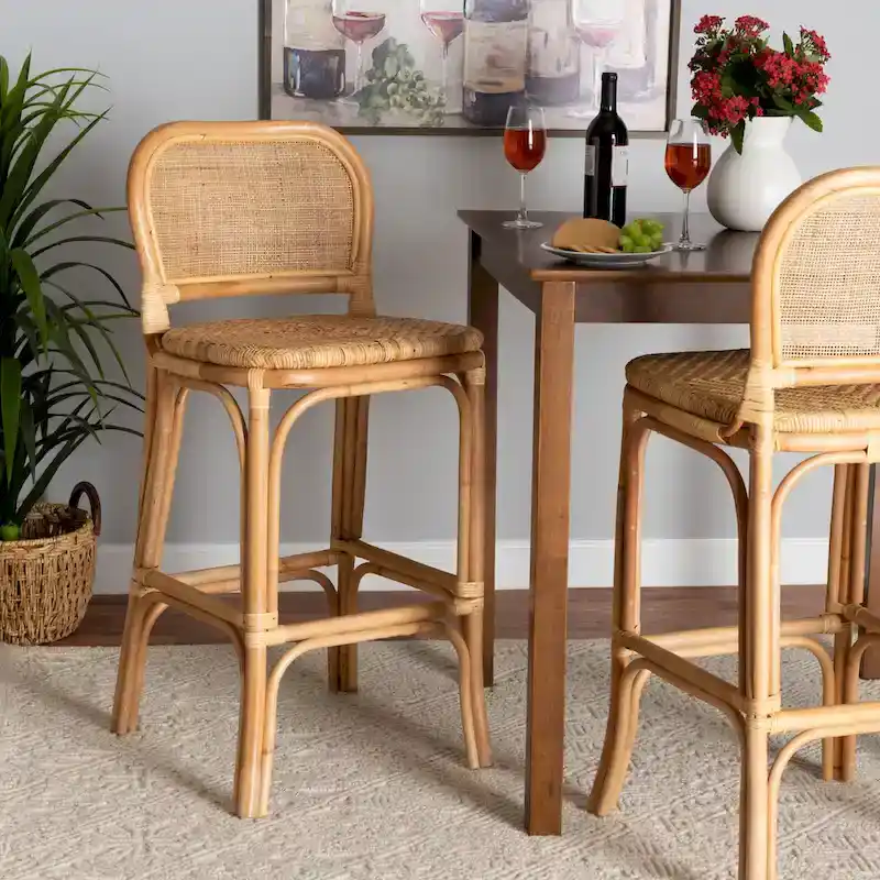 Natural Brown Rattan Bar Stool &mdash; Bohemian Style, Bar/Counter Height, Seats 1