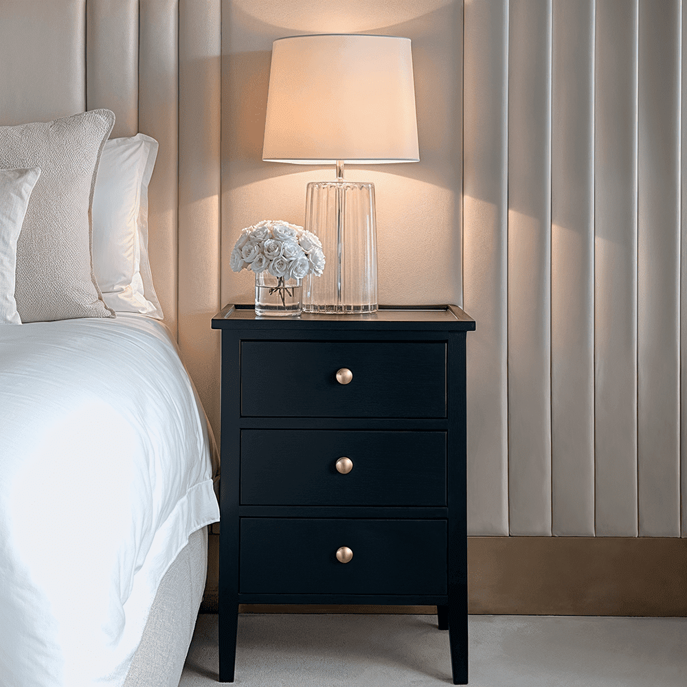 Black 3 Drawer Bedside Table with Gold Handles