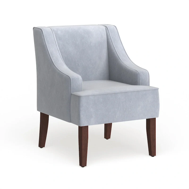 Dove Grey Velvet Swoop Arm Accent Chair &ndash; Rustic Wood Legs, 19.5" Seat Height