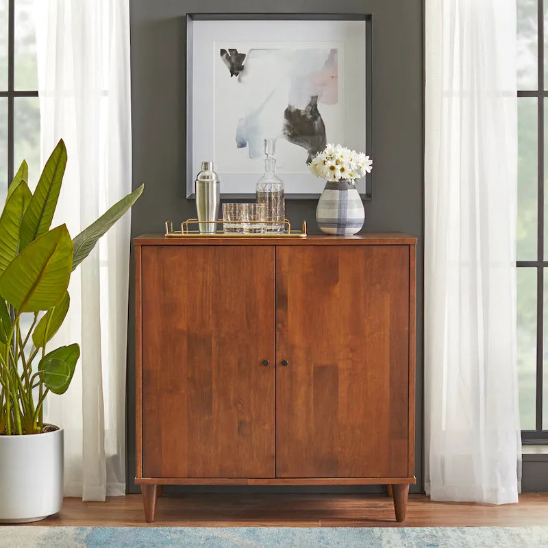 2-Door Buffet Sideboard &ndash; Tobacco Brown, Acacia Veneer & Rubberwood, Black Metal Knobs, Mid-Century Modern Style