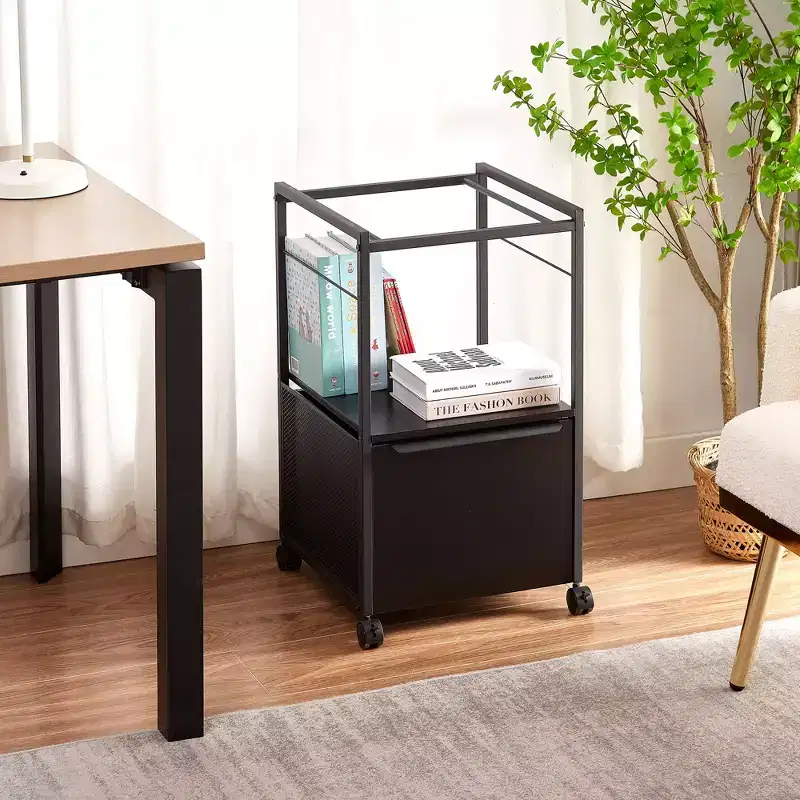 VECELO File Cabinet with 1-Drawer, Rolling Mobile Office Cabinet with Open Storage fits A4 Size, Metal Frame