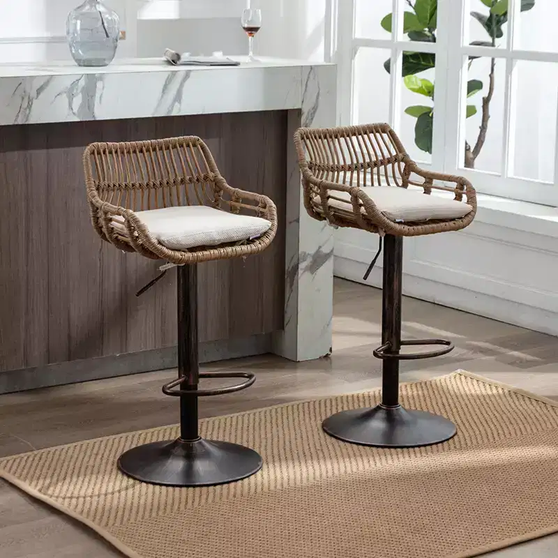 Swivel Rattan Bar Stools Set of 2 - Adjustable Height Metal Base Chairs for Kitchen and Dining Room in Beige